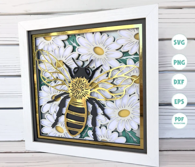 3D Bee And Daisies Shadow Box SVG, 3D Bee Shadow Box SVG, 3D Daisy Shadow Box SVG