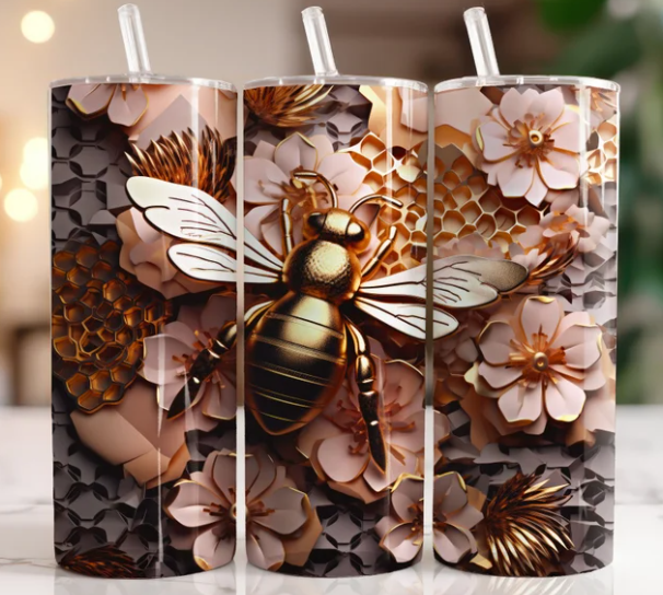 3d Black Gold Honeycomb Bee SVG, 20 oz Skinny Tumbler wrap Bee Sublimination SVG Design, Instant Digital Download PNG