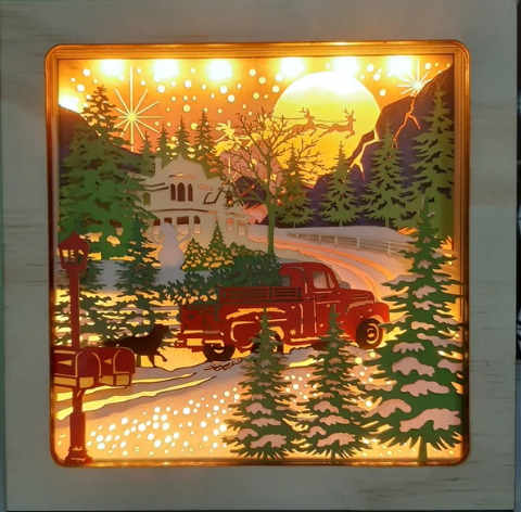 Merry Christmas Shadow Box, Lightbox Scene 3d layered, Christmas winter in forest 3D Paper Cut Template Light Box SVG File
