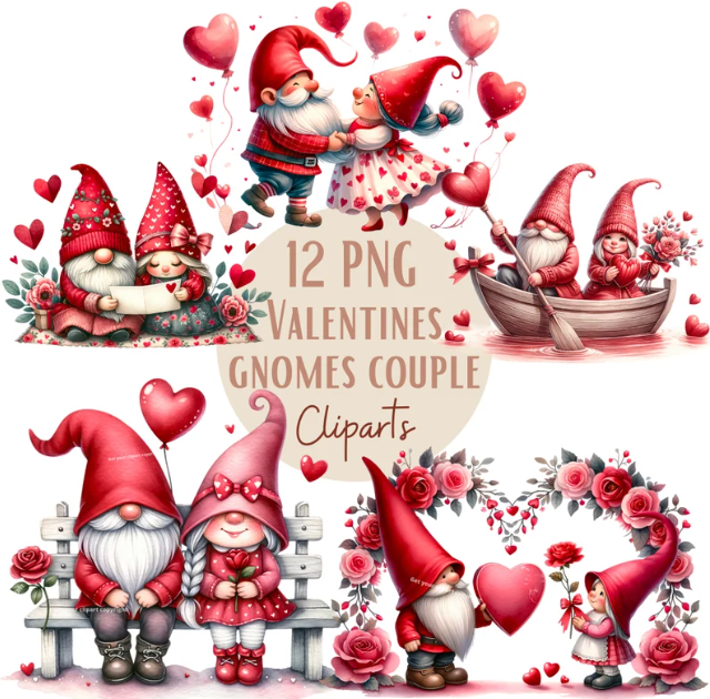 Valentines Gnome Couple Clipart Bundle, Valentines Clipart, Valentines Png Graphics, Gnome Sublimation