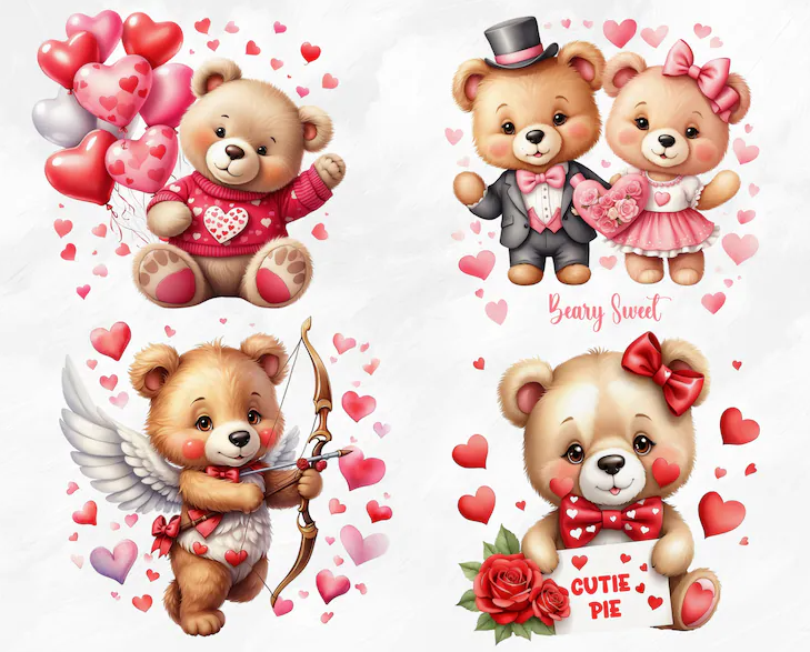 Watercolor Valentines Teddy Bear SVG Clipart, Valentines Day Clipart SVG, Valentines Teddy Bear Clipart SVG File